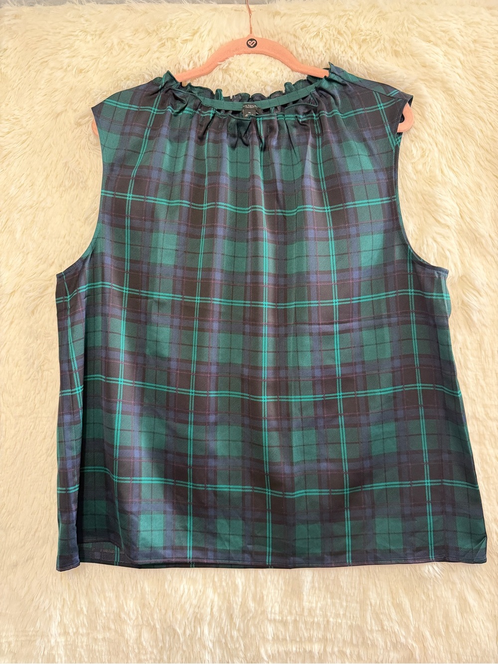 Ann Taylor Womens Preppy Tartan Plaid Sleeveless Ruffle Neck Blouse XL Holiday